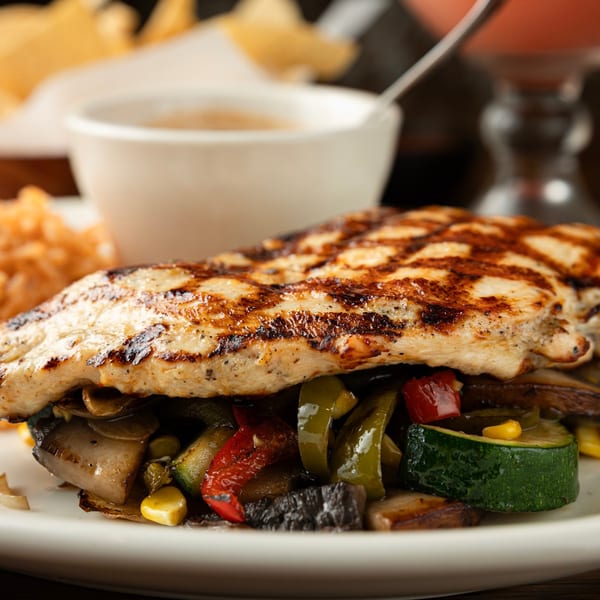 Grilled chicken breast served with mixed grilled vegetables, rice, dipping sauce, and a red beverage.