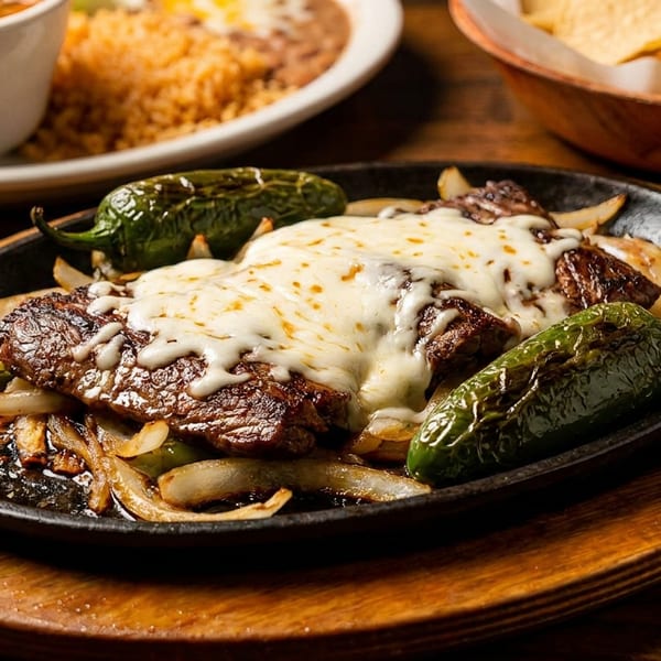 Sizzling fajitas with steak, melted cheese, onions, and jalapeños on a cast iron skillet.