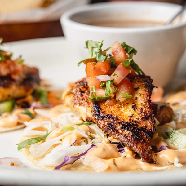 Grilled kebabs topped with tomato and herbs, served over pita with shredded cabbage, vegetables, and creamy sauce.