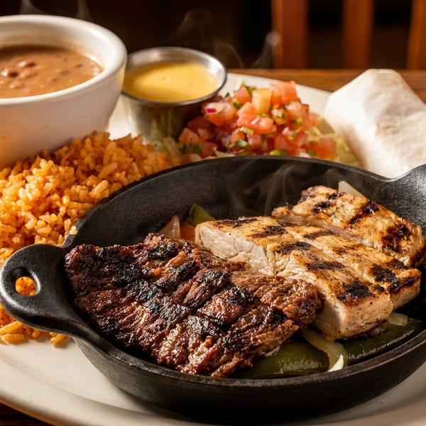 Sizzling fajitas with grilled chicken and steak, rice, beans, salsa, queso, and a tortilla on a white plate.