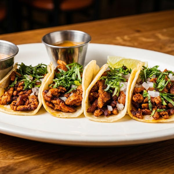 Four street tacos with meat, cilantro, and onions, served with lime wedges and two sauces.